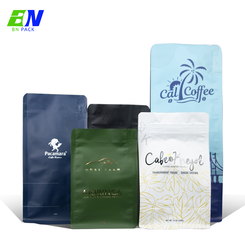 Bolsas de café biodegradables Bio Pla con válvula y cremallera Bolsas de embalaje de café de papel personalizado Bolsa de grano de café de fondo plano 