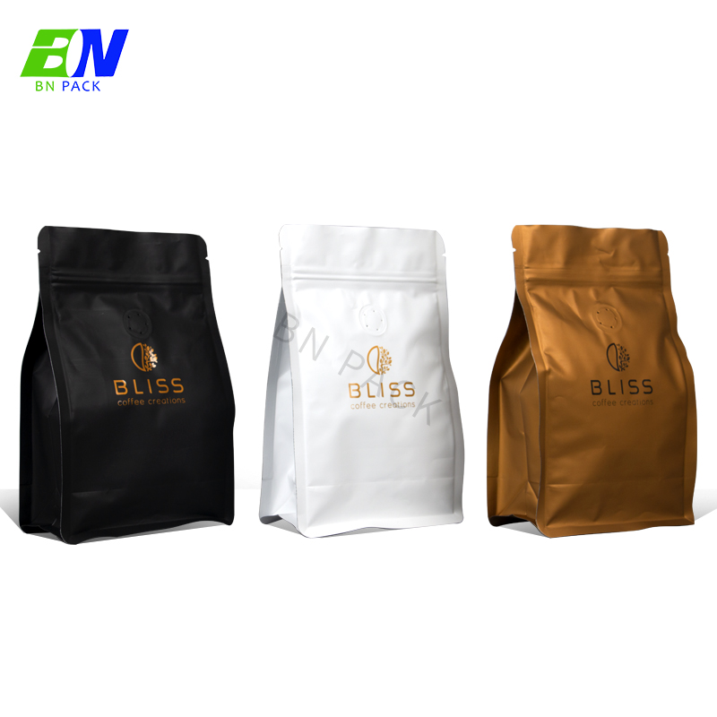 Bolsas de café biodegradables Bio Pla con válvula y cremallera Bolsas de embalaje de café de papel personalizado Bolsa de grano de café de fondo plano 